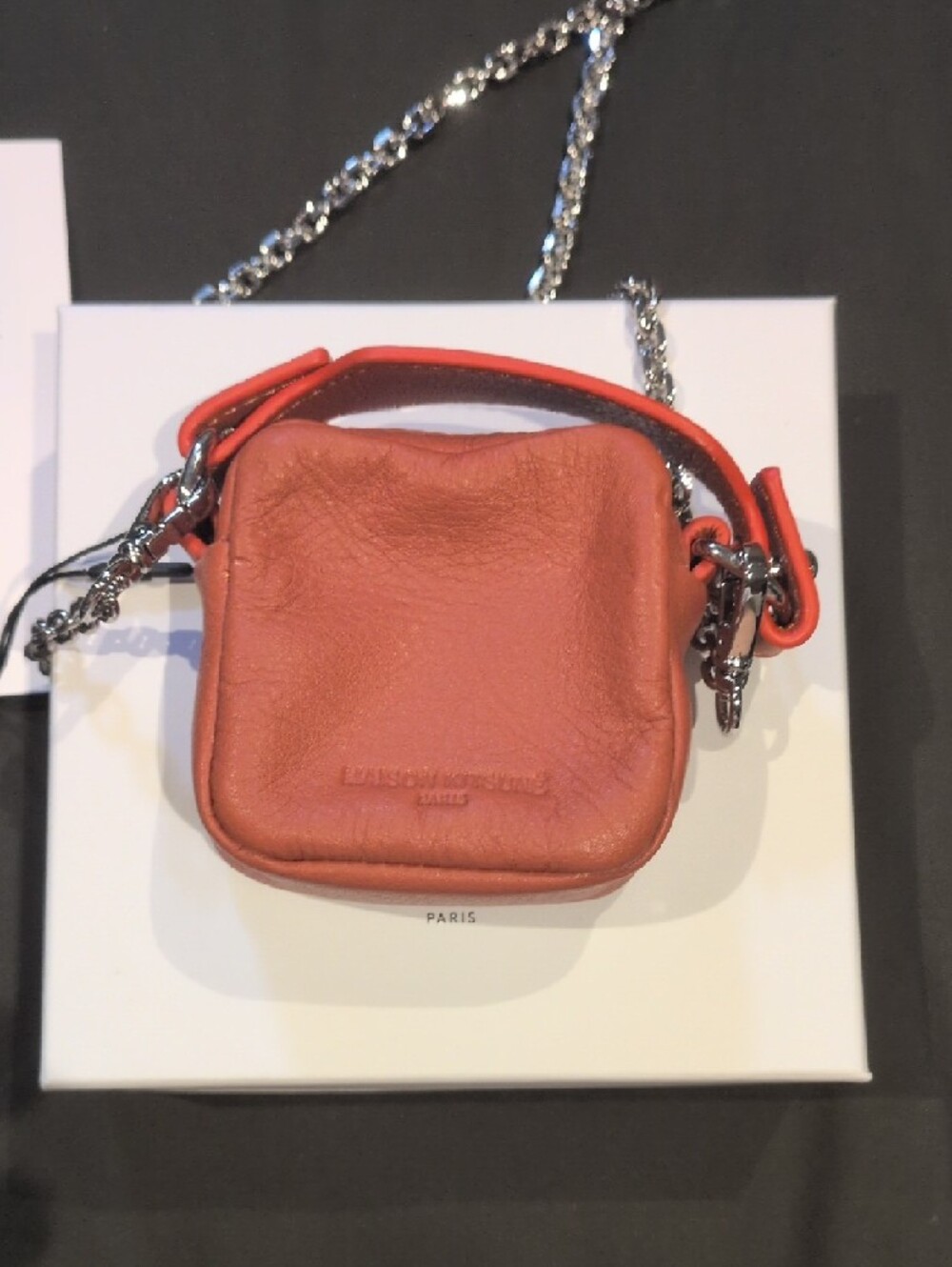 MAISON KITSUNE Small Orange Leather Fox-Embossed Mini Bag with Chain - Picture 2 of 4